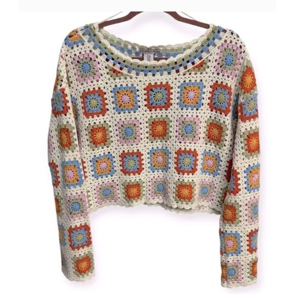 Crochet Cotton Multicolor Granny Square Top Long Sleeve Festival Fall - Picture 1 of 7